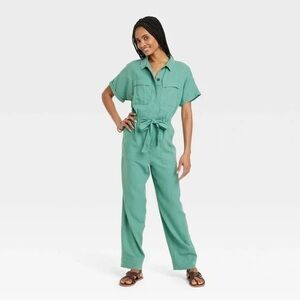 Universal Thread Womens Green Short Sleeve Linen Boilersuit Casual Jumpsuit Sz 2